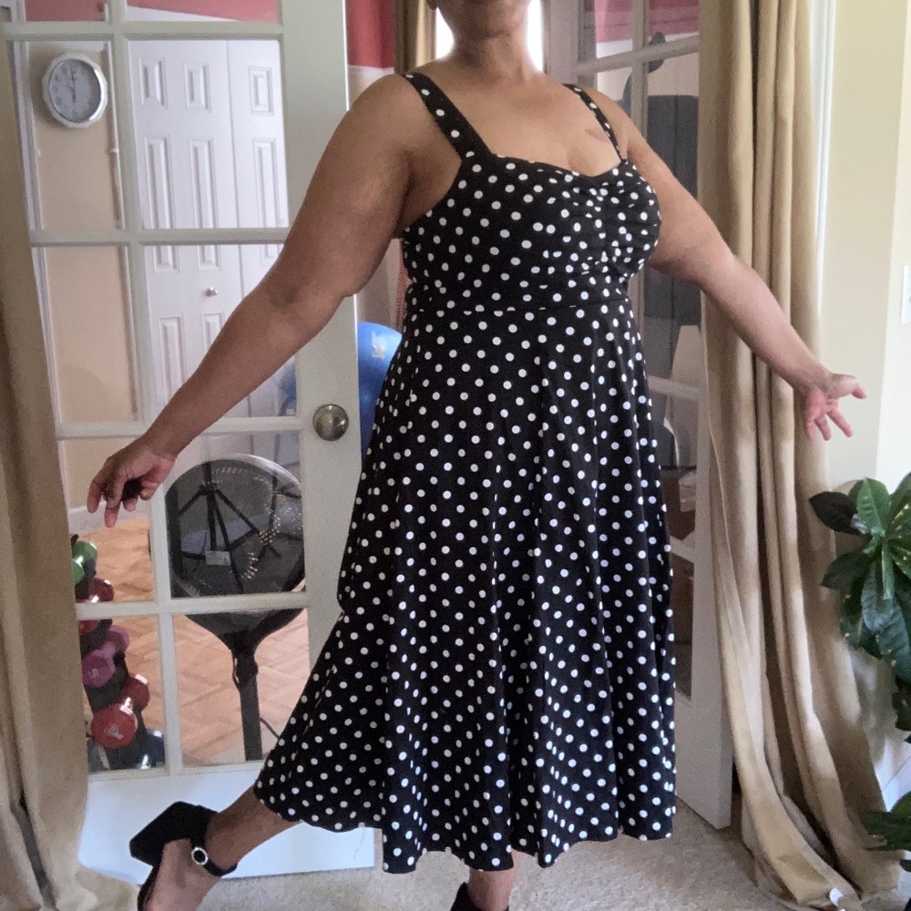 TORRID NWT Midi Poplin Fit&Flare Dress Black w/ White Polka Dots, Size 0… - Picture 4 of 16